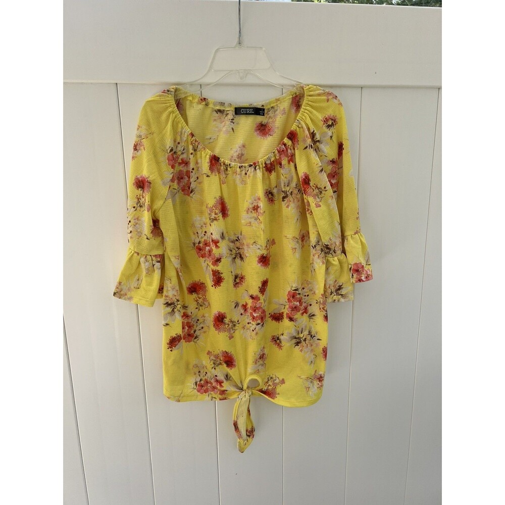 CURE Womens Off the Shoulder Blouse Floral Gauzy Short Bell Sleeve Sz Large